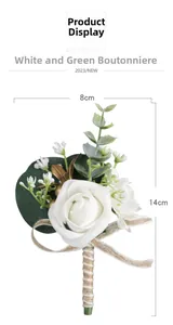 Detail view of white PE rose boutonniere with eucalyptus and golden leaf, 8x14cm size