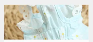 Macro shot of light blue cotton fabric with daisy print and white eyelet lace detail