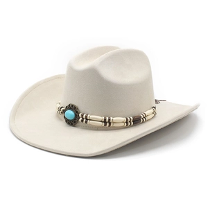 Beige felt western cowboy hat with ethnic beaded band and blue turquoise stone