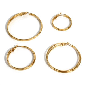 Polished gold stainless steel hoop earrings in two sizes set on a white background