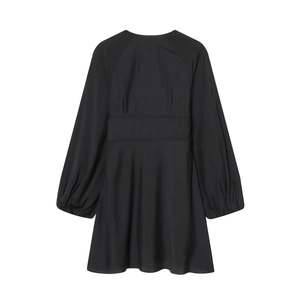 Elegant black long sleeve V-neck dress with cinched waist and vintage lantern sleeves