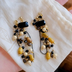 Bohemian long tassel earrings with wooden beads and black square stones on gold chains