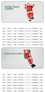 Detailed size specifications table for climbing Santa Claus decorations with diverse dimensions