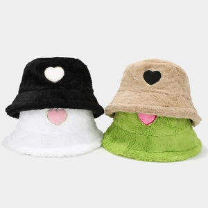 Winter plush bucket hat set with heart patch in black, white, khaki, and green colors