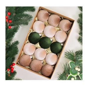 Set of 15 velvet Christmas balls in forest green, pink and brown inside a gift box