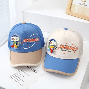 Summer kids breathable mesh baseball cap featuring cartoon AI Robot with colorful windmill