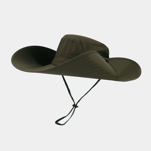 Detail of dark olive quick-dry sun hat with wide brim, chin strap, and breathable mesh