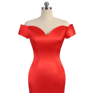 Elegant off-the-shoulder red satin mermaid evening dress with a deep V-neckline