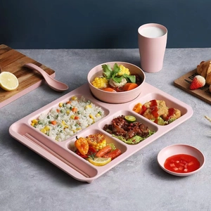 Pink eco-friendly wheat straw dinnerware set with divided tray bowl cup and cutlery