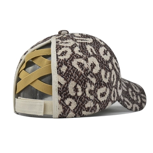Detail of leopard print baseball cap featuring elastic cross bands for high ponytail styles