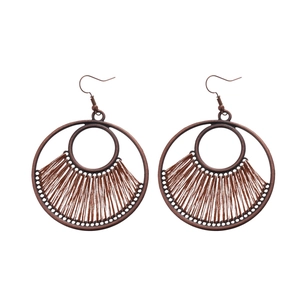 Vintage bohemian bronze circular hollow earrings with brown woven silk thread fringe
