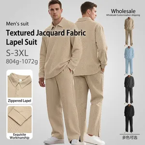 Men Casual Outfits Waffle Knit Long Sleeve Polo Shirt And Pants Solid Color Loose Fit Polyester Loungewear