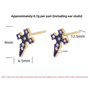 Detailed view of S925 sterling silver cross studs with measurements 9x6.5mm in gold finish
