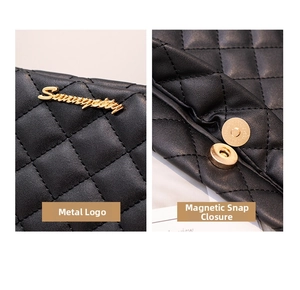 Détail de la texture cuir matelassé avec logo doré et fermeture à bouton magnétique