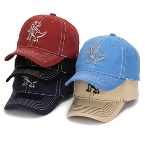 Kids dinosaur baseball caps in five colors featuring embroidered cotton fabric