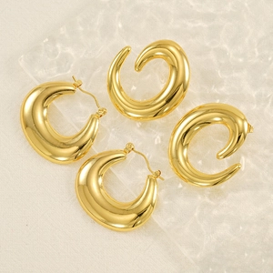 Hoop Earrings Stainless Steel 18K Gold Plated Geometric Hollow High Polished C-Shaped Retro French Style For Women