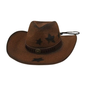 Cappello da cowboy vintage in paglia con stelle nere e fibbia in metallo a toro