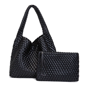 Black woven large PU leather hobo shoulder bag and matching wristlet clutch set
