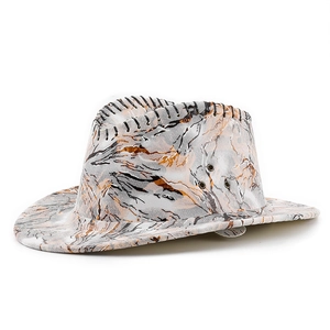 Western camouflage cowboy hat with marble print, wide brim, and metal side vents