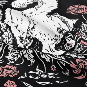 Close-up of cat and flower print tapestry fabric showing soft texture and pink details