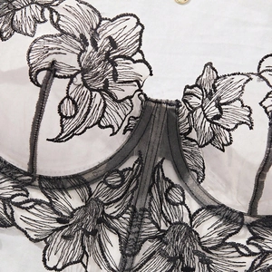 Close-up of white mesh bra featuring black floral embroidery and underwire details