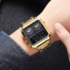 Men's square gold stainless steel dual display sports watch with 30M waterproof rating