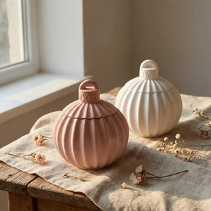 Vertical striped sphere storage jars in matte pink and white ceramic with ring lid