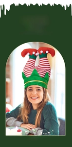 Detail of creative Christmas elf leg hat featuring red and white stripes with plush pom-poms