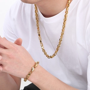 Men's hip hop gold stainless steel necklace and bracelet set with geometric diamond links