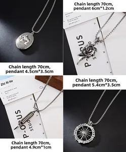 Detail of four men's punk pendant necklaces showing size dimensions and retro metal textures