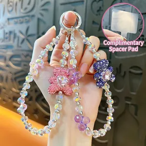 Cute Rhinestone Heart Bear Phone Strap Beaded Acrylic Iridescent Keychain Bag Pendant Accessory For Women Girls Gift
