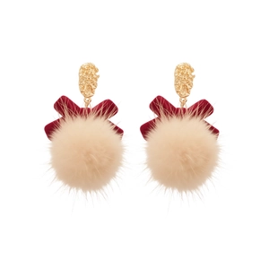 Elegant heart pom-pom earrings with red velvet bows and golden textured metal studs