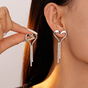 Elegant heart-shaped rhinestone tassel drop earrings with sparkling silver metal finish