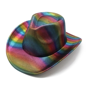 Macro detail of vibrant rainbow striped cowboy hat with a metallic glossy finish texture