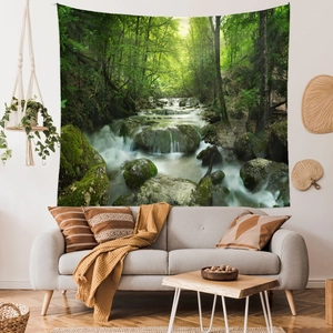 Detail of forest stream tapestry showing high-quality fabric texture and nature scene