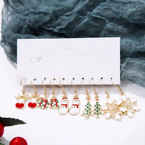 6-pair set of Christmas enamel earrings with reindeer, snowman, and tree charms