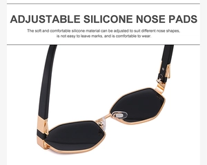 Detail of gold metal frame with adjustable clear silicone nose pads for women sunglasses