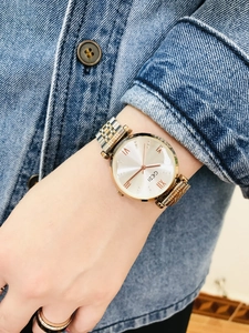 Detail of elegant two-tone steel watch featuring diamond markers on a lady's wrist