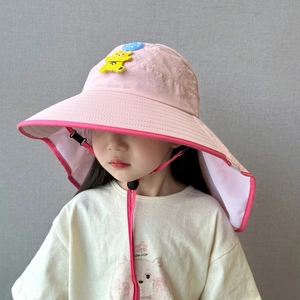 Detail of pink kids sun hat with wide brim, neck flap and cute 3D yellow bear badge