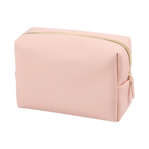 Pink octagonal cosmetic travel bag in textured PU leather with elegant gold zipper