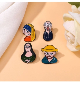 Set of four cartoon metal enamel pins featuring famous art portraits on orange background