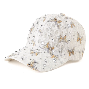 White lace baseball cap with butterfly print and rhinestones for outdoor sun protection