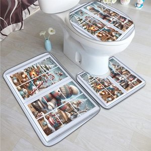 Detailed view of 3-piece Christmas bathroom mat set with festive reindeer snow scene