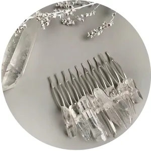 Handmade silver hair comb with natural clear crystal stones in bohemian style for weddings
