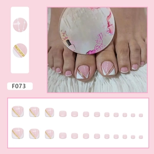 Pink French toenail press-ons with white tips and gold glitter lines, 24-piece full set