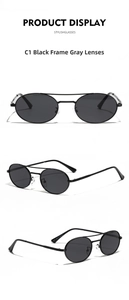 Three perspectives of retro oval sunglasses with double bridge metal frame and grey lenses