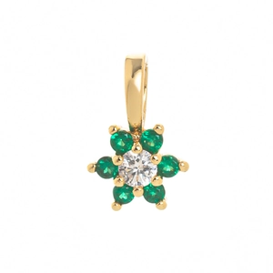 Flower pendant in gold metal featuring a clear center stone and green zircon petals