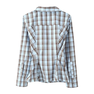Back view of light blue and brown plaid poplin shirt in classic British casual style