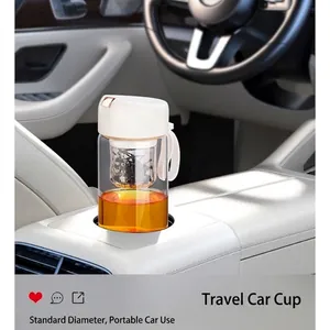 Portable magnetic glass tea infuser bottle for car cup holders with white lid