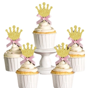 Sparkling gold glitter crown cake topper with pink ribbon bow for birthday party decoration